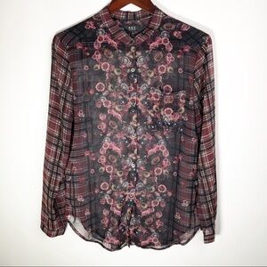ABS Allen Schwartz Floral Plaid Sheer Blouse M